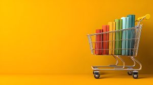 Shopping Cart with Colorful Books on Bright Yellow Background